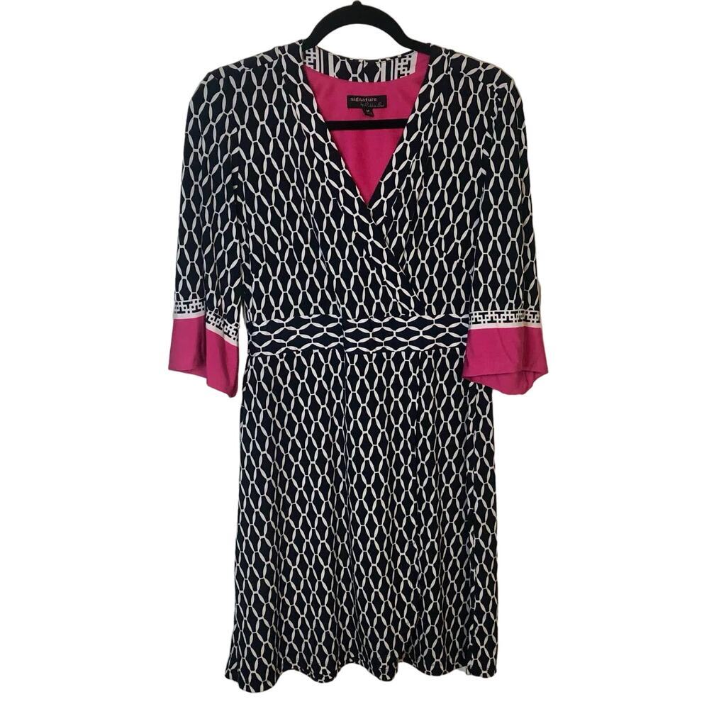 Signature by Robbie Bee Navy Blue Hot Pink White Patterned Work Dress Medium